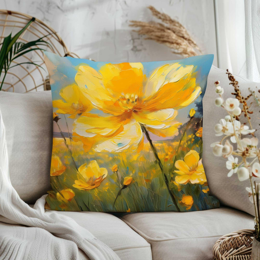 Blue Yellow Flower Pillowtop|Housewarming Pillow Cover|Decorative Throw Pillowcase|Summer Trend Cushion Cover|Farmhouse Home Decor