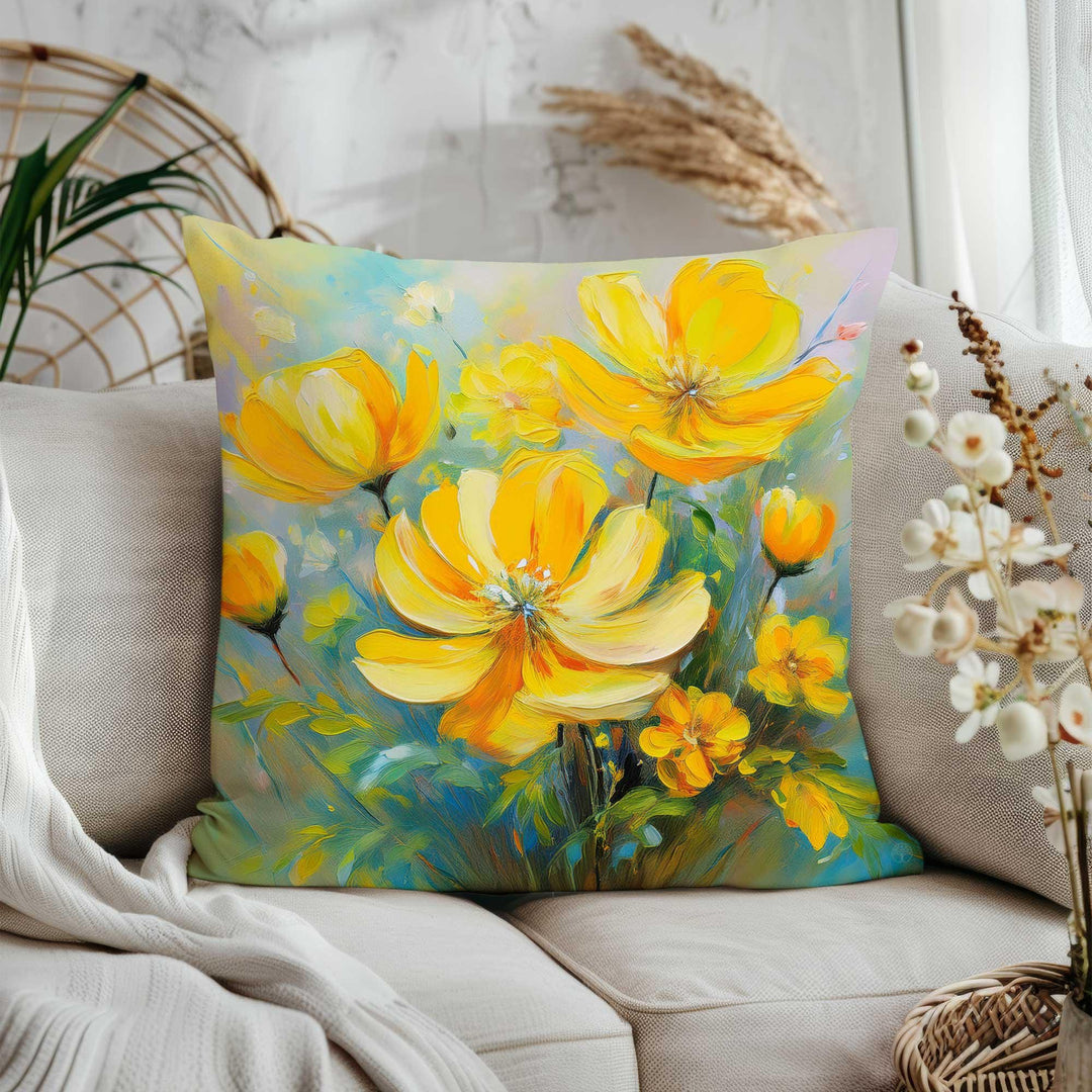 Blue Yellow Flower Pillowtop|Housewarming Pillow Cover|Decorative Throw Pillowcase|Summer Trend Cushion Cover|Farmhouse Home Decor
