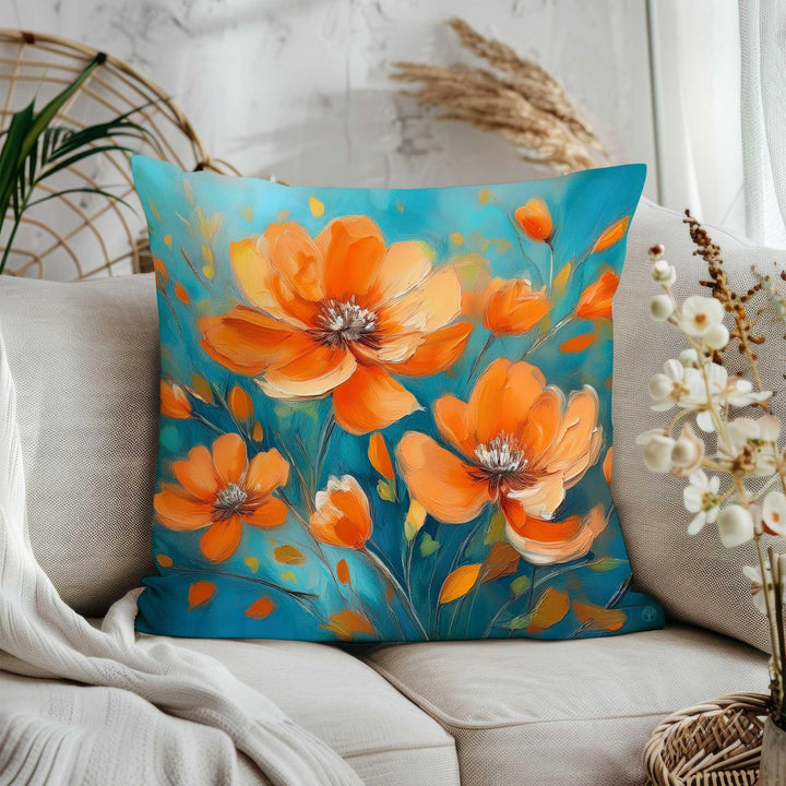 Summer Trend Pillow Cover|Vibrant Flower Pillowtop|Orange Floral Throw Pillowcase|Farmhouse Poppy Home Decor|Housewarming Cushion Cover