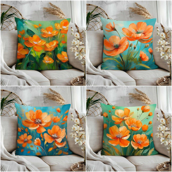 Summer Trend Pillow Cover|Vibrant Flower Pillowtop|Orange Floral Throw Pillowcase|Farmhouse Poppy Home Decor|Housewarming Cushion Cover