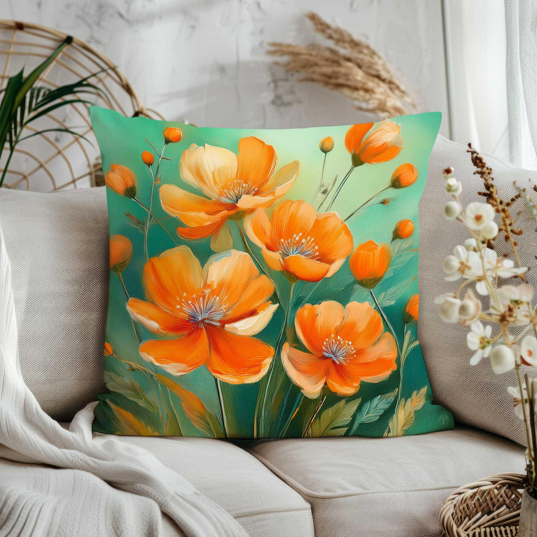 Summer Trend Pillow Cover|Vibrant Flower Pillowtop|Orange Floral Throw Pillowcase|Farmhouse Poppy Home Decor|Housewarming Cushion Cover