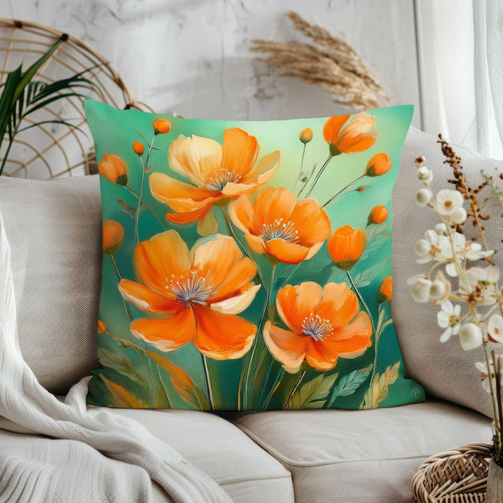 Summer Trend Pillow Cover|Vibrant Flower Pillowtop|Orange Floral Throw Pillowcase|Farmhouse Poppy Home Decor|Housewarming Cushion Cover