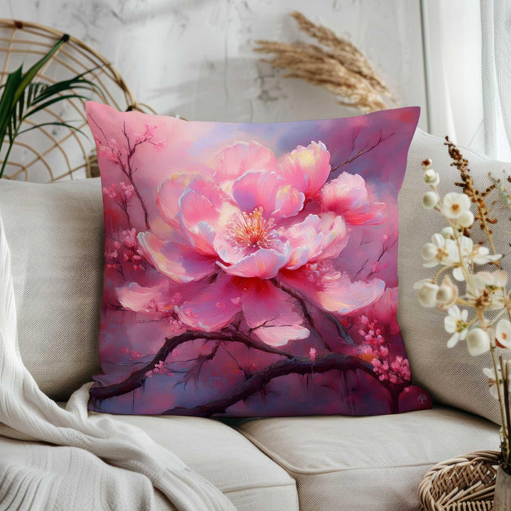 Cherry Blossom Cushion Cover|Pink Floral Porch Pillow Cover|Summer Trend Throw Pillowcase|Pastel Botanical Home Decor|Decorative Pillowtop