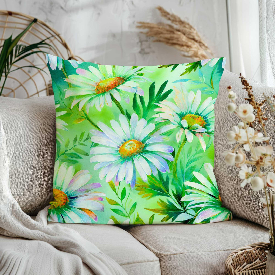 Green Floral Pillowtop|Summer Trend Cushion Case|Daisy Print Porch Pillow Cover|Cozy Throw Pillowcase|Wildflower Home Decor|Gift for Her
