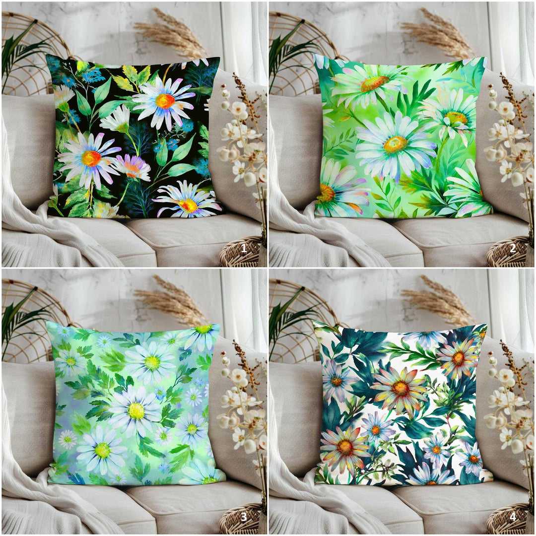 Green Floral Pillowtop|Summer Trend Cushion Case|Daisy Print Porch Pillow Cover|Cozy Throw Pillowcase|Wildflower Home Decor|Gift for Her