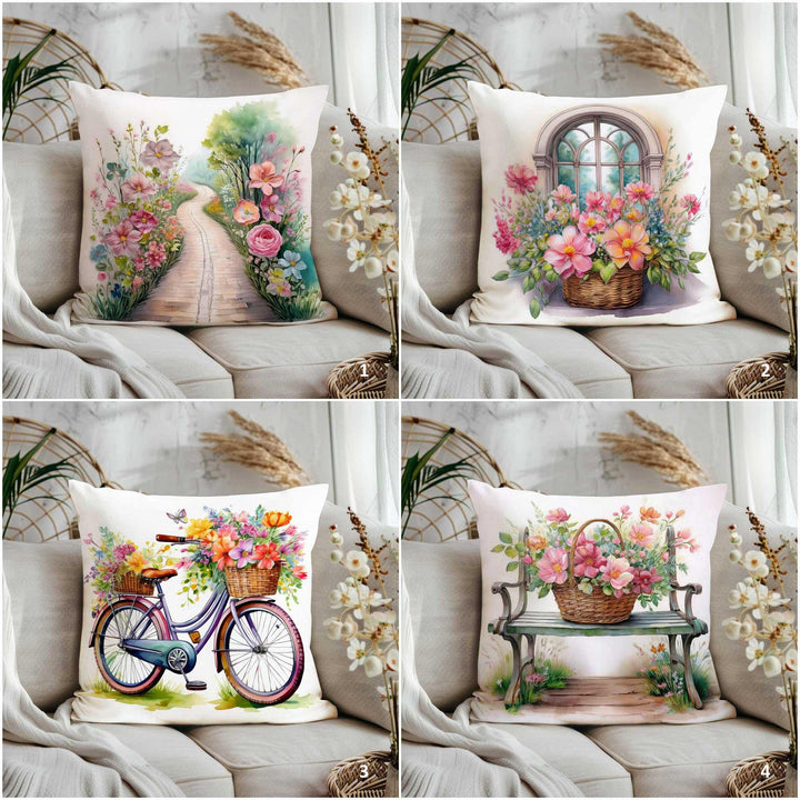 Summer Throw Pillow Cover|Cottage Garden Porch Pillowcase|Boho Floral Bicycle Home Decor Gift|Farmhouse Cushion Cover|Cozy Cushion Case