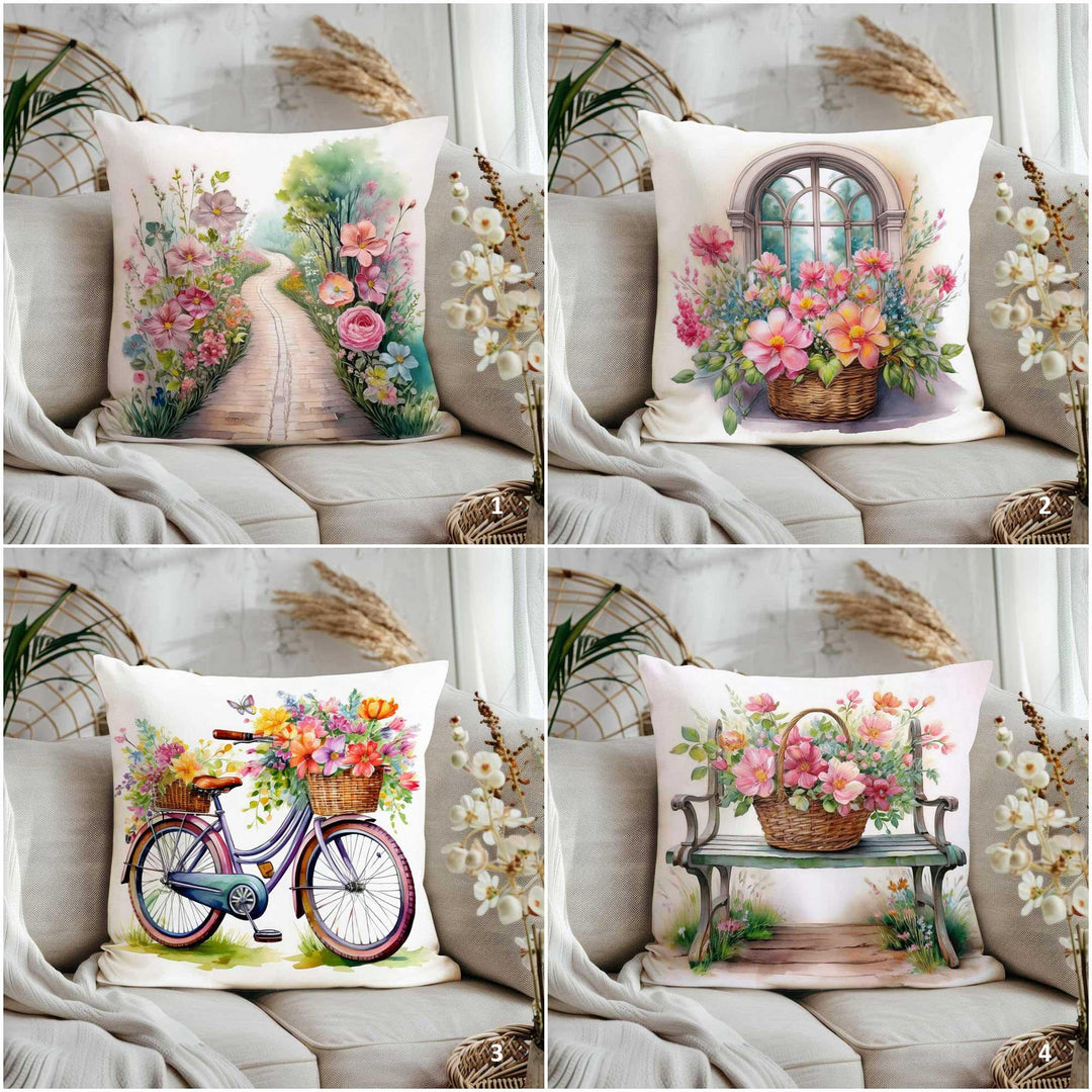 Summer Throw Pillow Cover|Cottage Garden Porch Pillowcase|Boho Floral Bicycle Home Decor Gift|Farmhouse Cushion Cover|Cozy Cushion Case