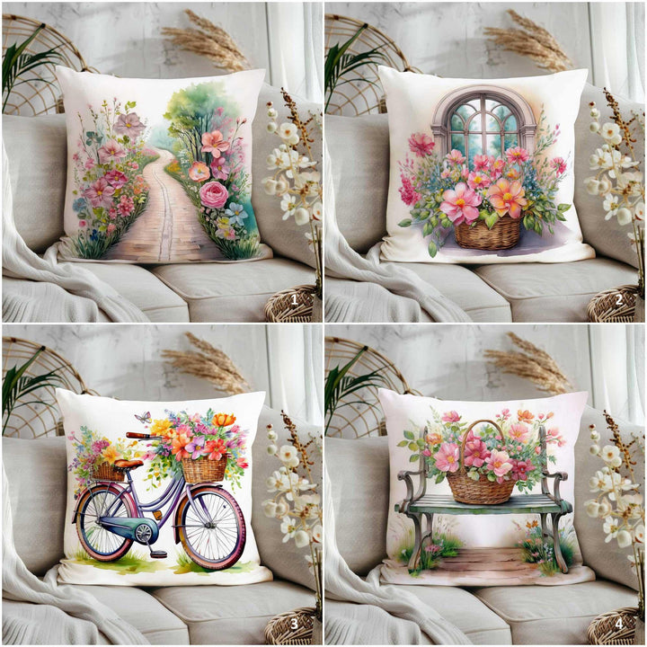 Summer Throw Pillow Cover|Cottage Garden Porch Pillowcase|Boho Floral Bicycle Home Decor Gift|Farmhouse Cushion Cover|Cozy Cushion Case