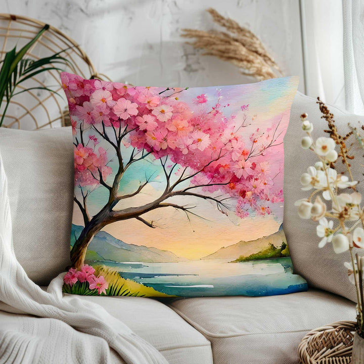 Pink Floral Throw Pillow Cover|Cherry Blossom Home Decor Gift|Summer Trend Cushion Cover|Farmhouse Style Porch Pillowcase|Cozy Cushion Case