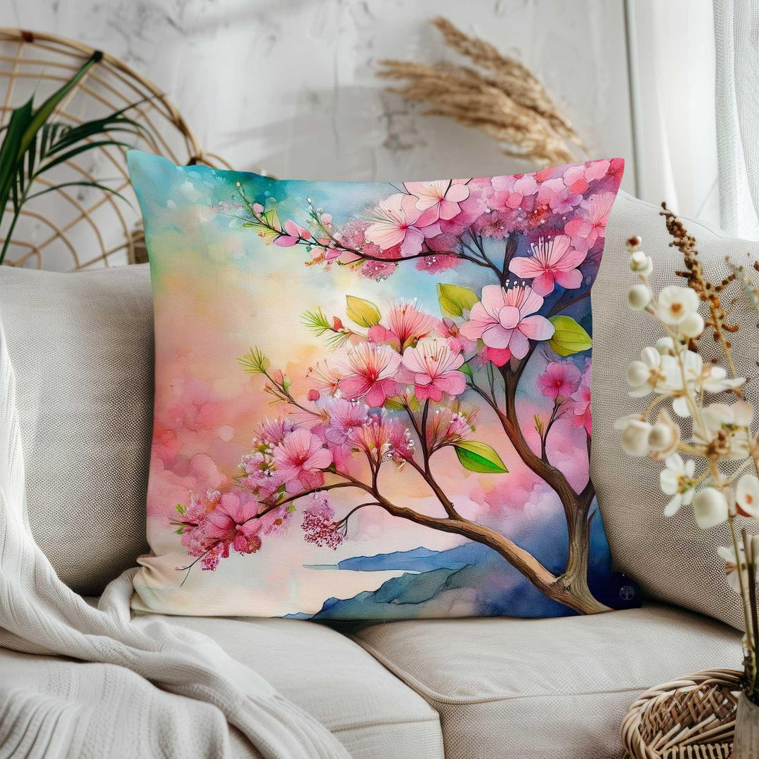Pink Floral Throw Pillow Cover|Cherry Blossom Home Decor Gift|Summer Trend Cushion Cover|Farmhouse Style Porch Pillowcase|Cozy Cushion Case