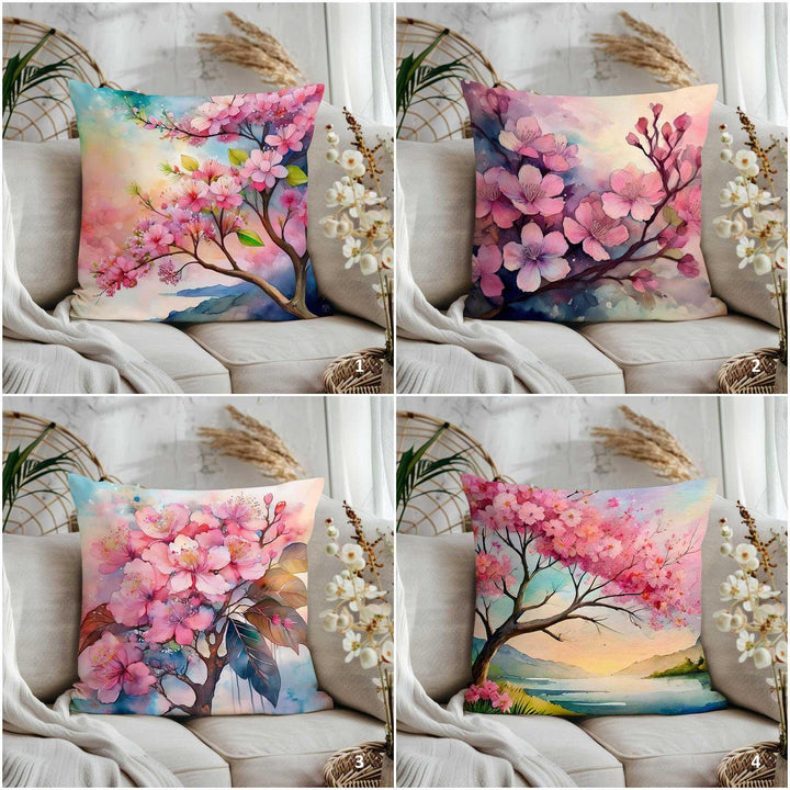 Pink Floral Throw Pillow Cover|Cherry Blossom Home Decor Gift|Summer Trend Cushion Cover|Farmhouse Style Porch Pillowcase|Cozy Cushion Case