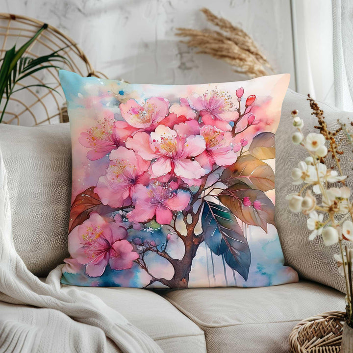 Pink Floral Throw Pillow Cover|Cherry Blossom Home Decor Gift|Summer Trend Cushion Cover|Farmhouse Style Porch Pillowcase|Cozy Cushion Case