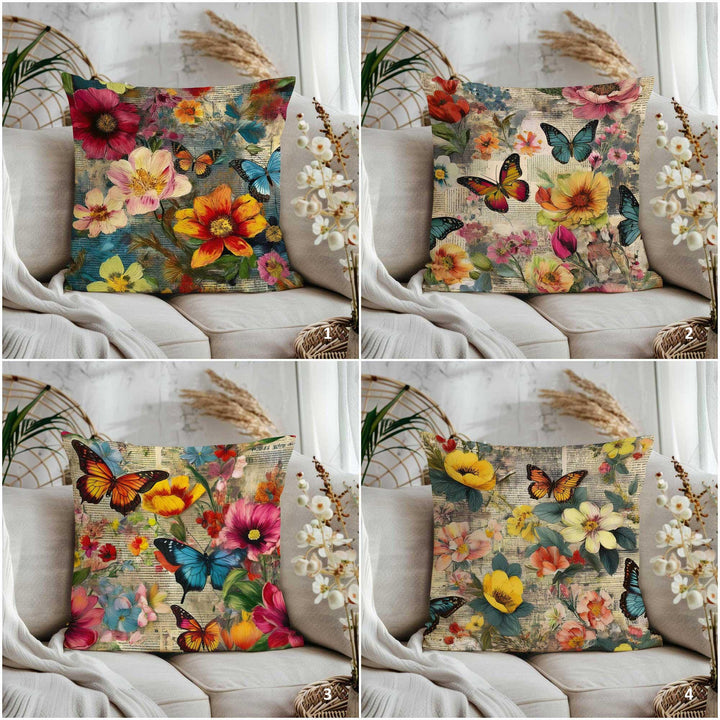 Blooming Florals Porch Pillowcase|Vibrant Butterflies Home Decor Gift|Boho Cushion Case|Farmhouse Style Cushion Cover|Summer Throw Pillowtop