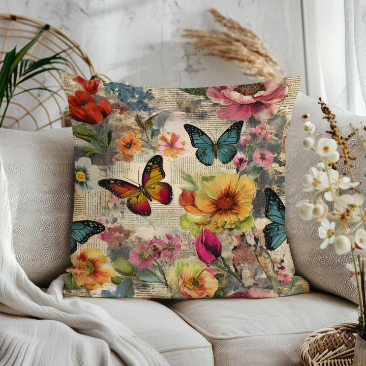 Blooming Florals Porch Pillowcase|Vibrant Butterflies Home Decor Gift|Boho Cushion Case|Farmhouse Style Cushion Cover|Summer Throw Pillowtop