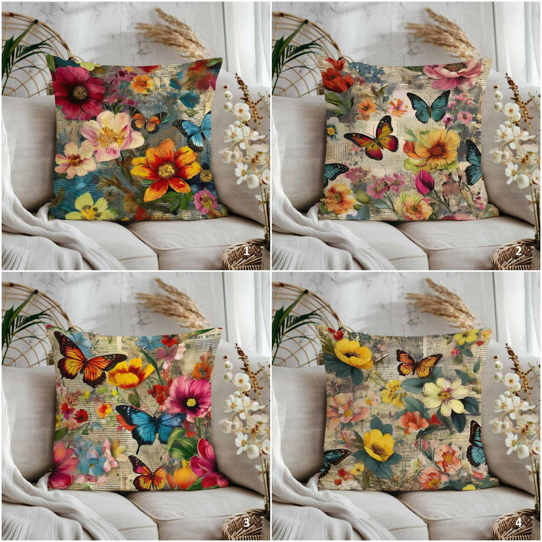Blooming Florals Porch Pillowcase|Vibrant Butterflies Home Decor Gift|Boho Cushion Case|Farmhouse Style Cushion Cover|Summer Throw Pillowtop