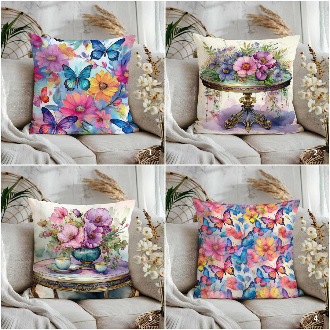 Summer Trend Cushion Cover|Floral Butterfly Cushion Case|Flower Bouquet Porch Pillowcase|Colorful Throw Pillow Cover|Farmhouse Home Gift