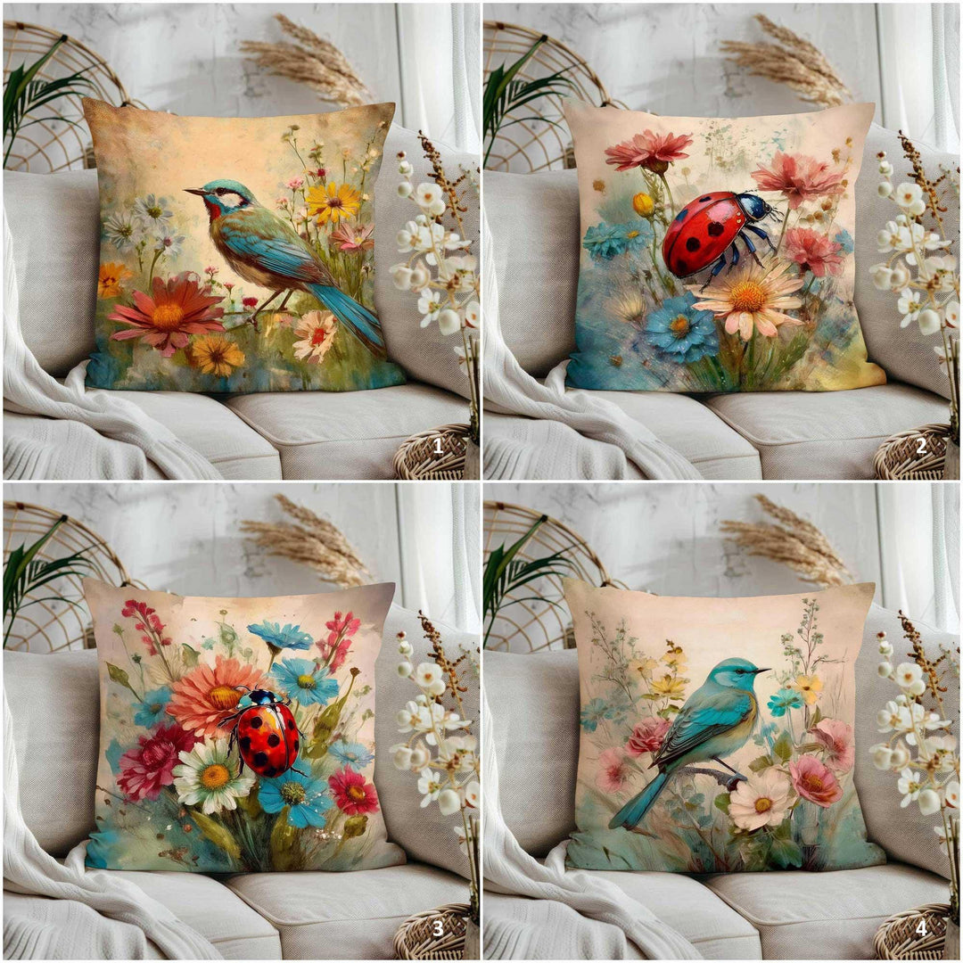 Bluebird Cushion Cover|Wildflowers Porch Pillowcase|Ladybug Cushion Case|Floral Home Gift|Daisies Throw Pillow Case|Summer Cushion Cover