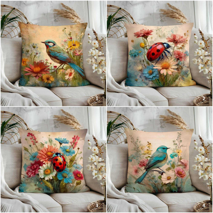 Bluebird Cushion Cover|Wildflowers Porch Pillowcase|Ladybug Cushion Case|Floral Home Gift|Daisies Throw Pillow Case|Summer Cushion Cover