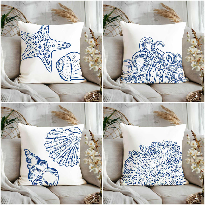 Coastal Pillow Cover|Nautical Cushion Case|Mix of Starfish, Octopus, Coral, Conch & Seashell Designs in Blue and White for Beach House Decor
