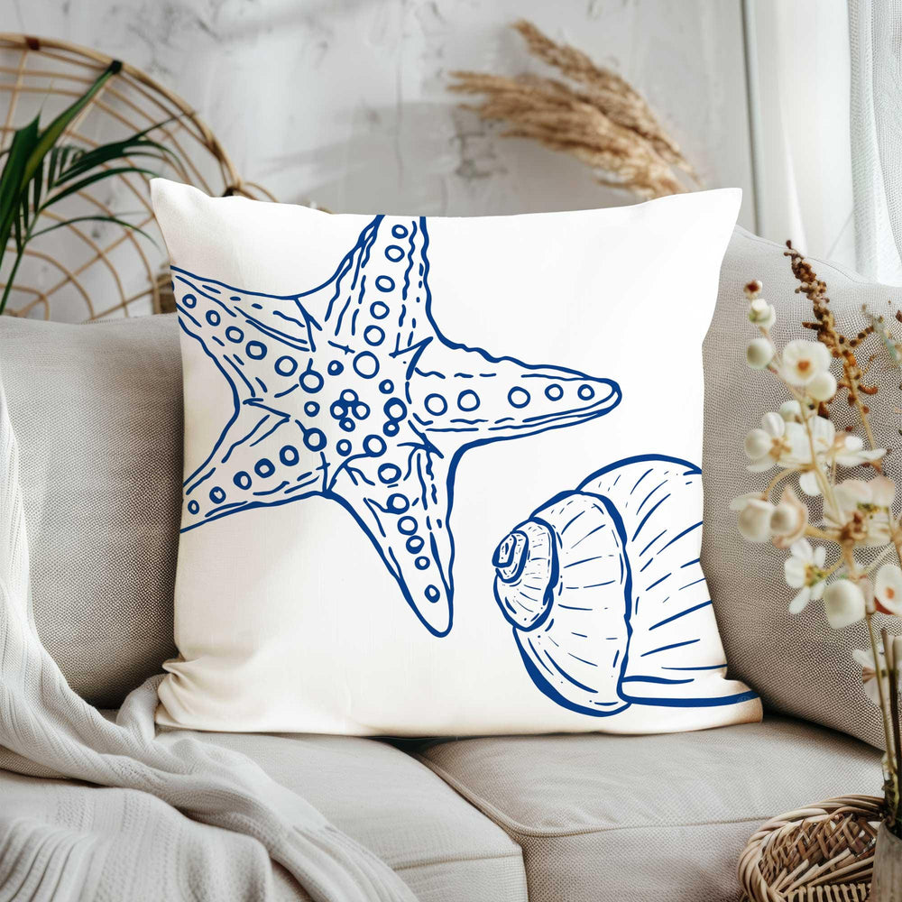 Coastal Pillow Cover|Nautical Cushion Case|Mix of Starfish, Octopus, Coral, Conch & Seashell Designs in Blue and White for Beach House Decor