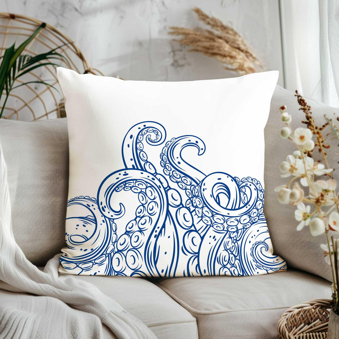 Coastal Pillow Cover|Nautical Cushion Case|Mix of Starfish, Octopus, Coral, Conch & Seashell Designs in Blue and White for Beach House Decor