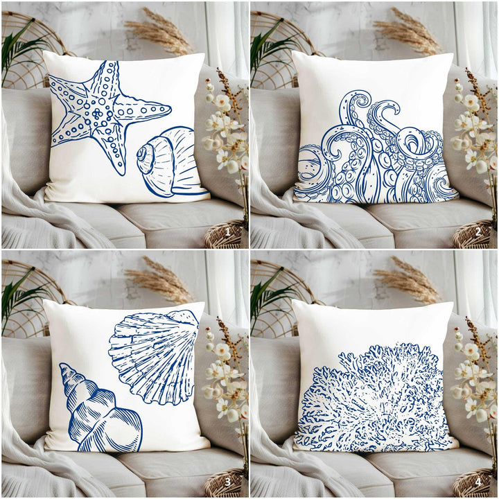 Coastal Pillow Cover|Nautical Cushion Case|Mix of Starfish, Octopus, Coral, Conch & Seashell Designs in Blue and White for Beach House Decor