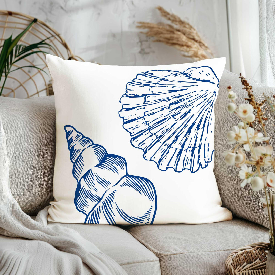 Coastal Pillow Cover|Nautical Cushion Case|Mix of Starfish, Octopus, Coral, Conch & Seashell Designs in Blue and White for Beach House Decor