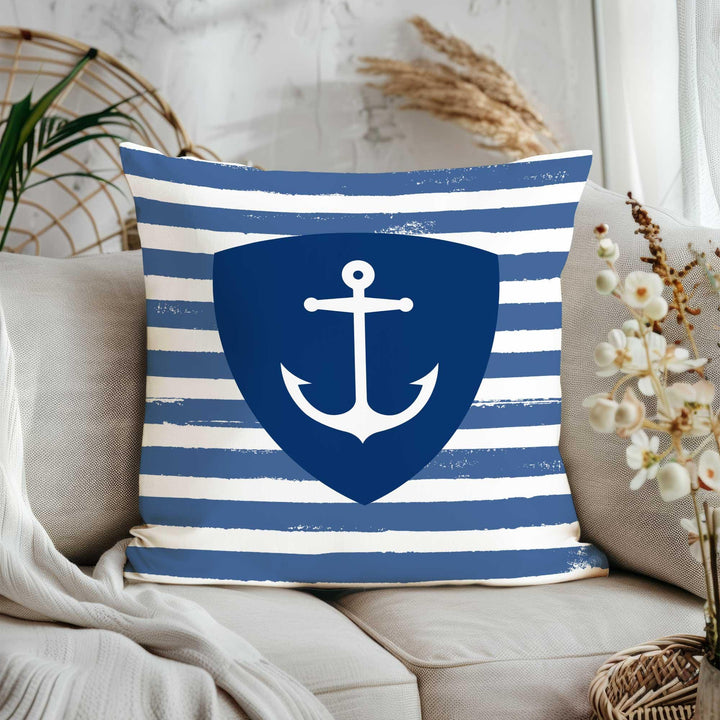 Nautical Pillow Cover|Striped Beach House Pillowcase|Anchor, Compass, Sailing Ship, Rope Knot Designs in Navy - White for Coastal Home Decor