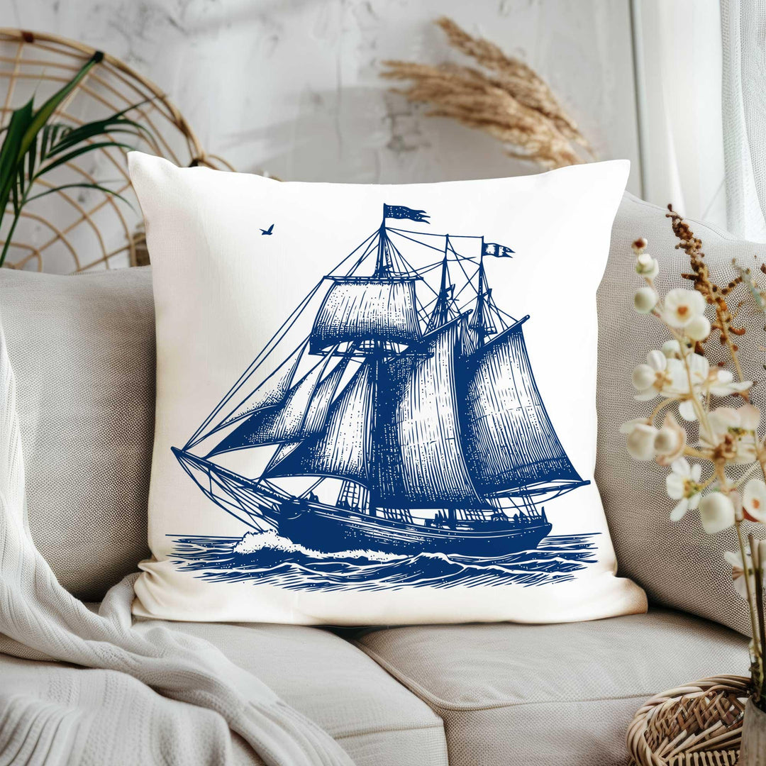 Nautical Pillow Cover|Striped Beach House Pillowcase|Anchor, Compass, Sailing Ship, Rope Knot Designs in Navy - White for Coastal Home Decor