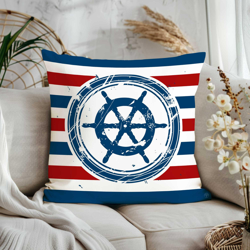 Nautical Striped Pillow Cover|Beach House Cushion Case|Anchor, Ship Wheel, Lighthouse, Sailboat Design in Blue, White, Red for Coastal Decor