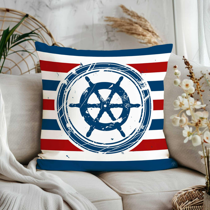 Nautical Striped Pillow Cover|Beach House Cushion Case|Anchor, Ship Wheel, Lighthouse, Sailboat Design in Blue, White, Red for Coastal Decor