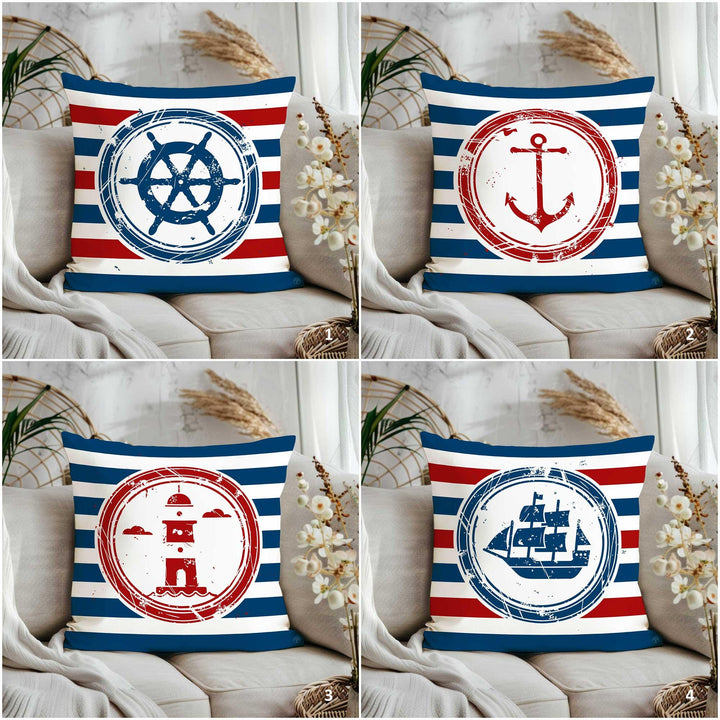 Nautical Striped Pillow Cover|Beach House Cushion Case|Anchor, Ship Wheel, Lighthouse, Sailboat Design in Blue, White, Red for Coastal Decor