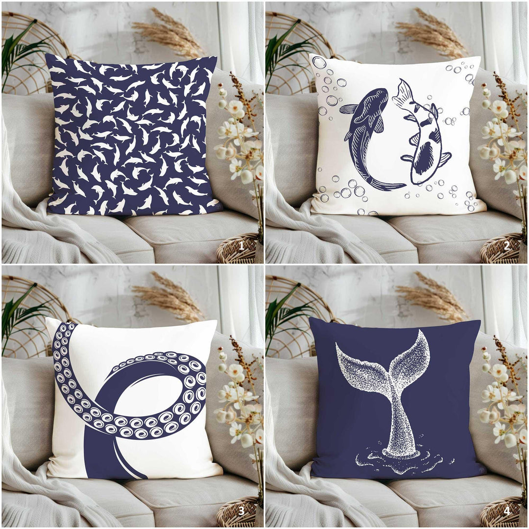 Nautical Pillow Case|Dolphin Print Pillowcase|Octopus Tentacle Cushion Cover|Playful Fish Coastal Home Decor|Beach House Pillowtop