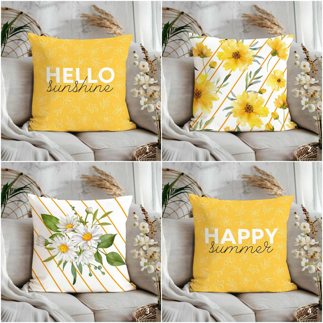 Happy Summer Sofa Pillowcase|Daisy Cushion Cover|Floral Cushion Case|Hello Sunshine Pillow Case|Yellow Pillow Cover|Farmhouse Home Decor