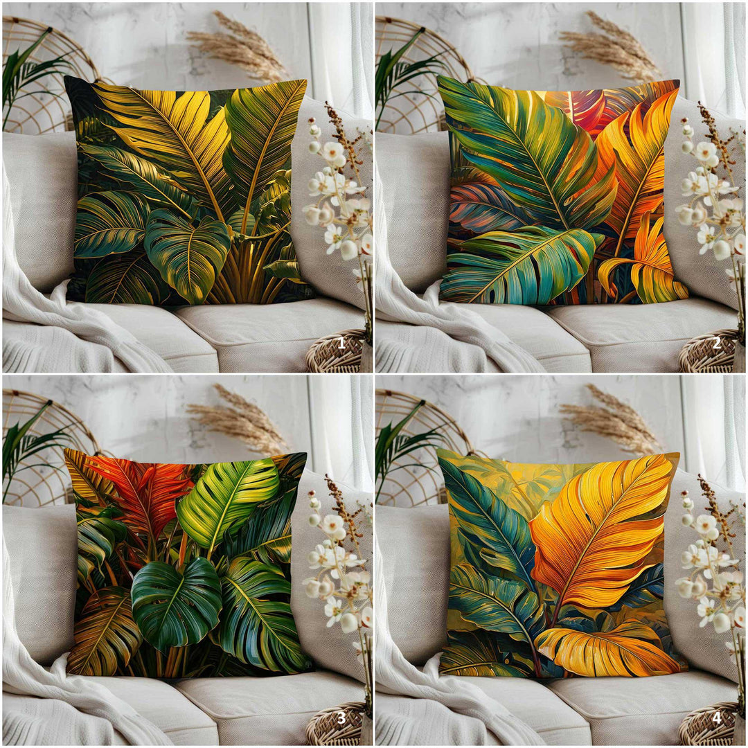 Green and Orange Leaves Cushion Case|Tropical Leaf Cushion Cover|Cozy Pillow Case|Plant Print Home Decor|Summer Trend Pillow Cover