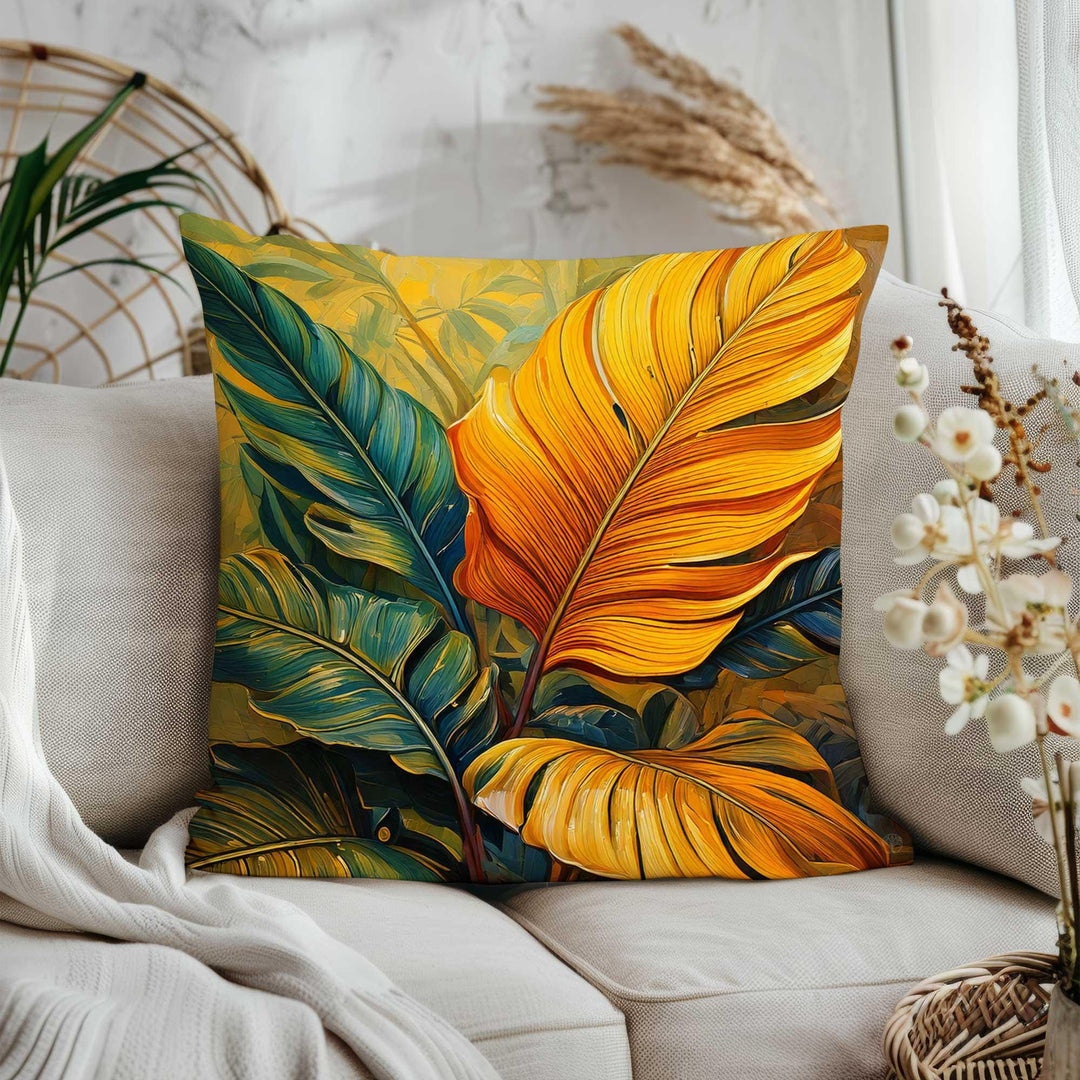 Green and Orange Leaves Cushion Case|Tropical Leaf Cushion Cover|Cozy Pillow Case|Plant Print Home Decor|Summer Trend Pillow Cover