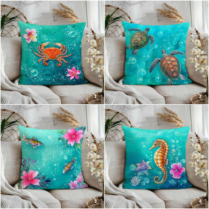 Nautical Pillow Case|Seahorse Home Decor|Crab Cushion Cover|Summer Trend Pillow Cover|Fish Cushion Case|Sea Turtle Pillow Case