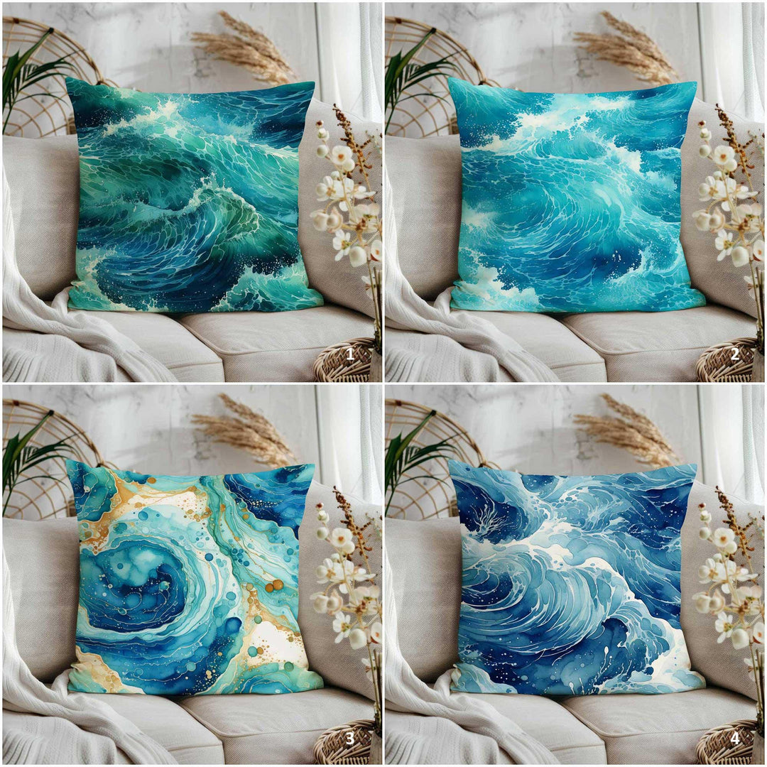 Sea Wave Cushion Cover|Navy Marine Pillowtop|Ocean Theme Sofa Pillowcase|Beach House Cushion Case|Sea Life Throw Pillow Cover|Nautical Decor