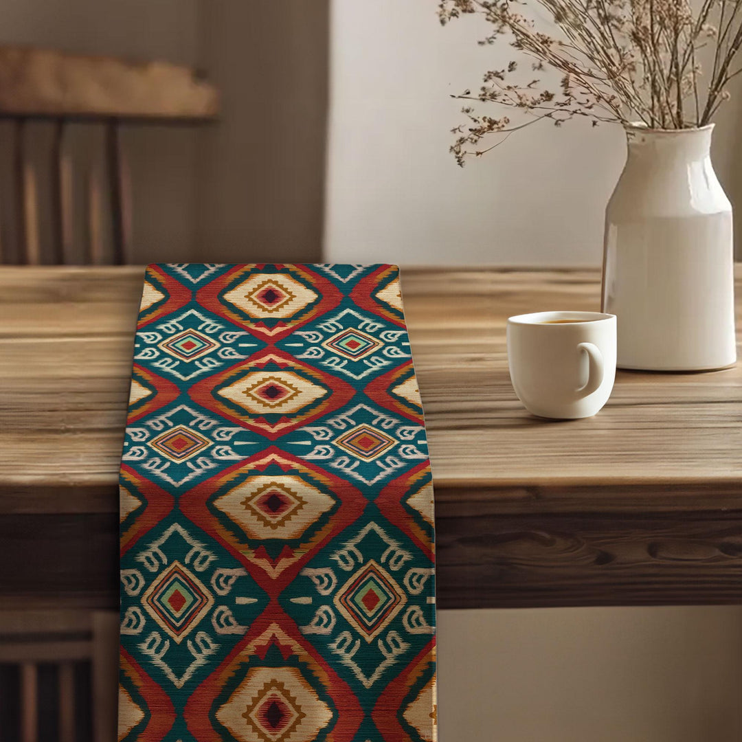 Traditional Runner|Aesthetic Tabletop|Rustic Tribal Decor|Southwestern Runner|Tribal Look Runner|Colorful Ethnic Decor|Vivid Geometric Print