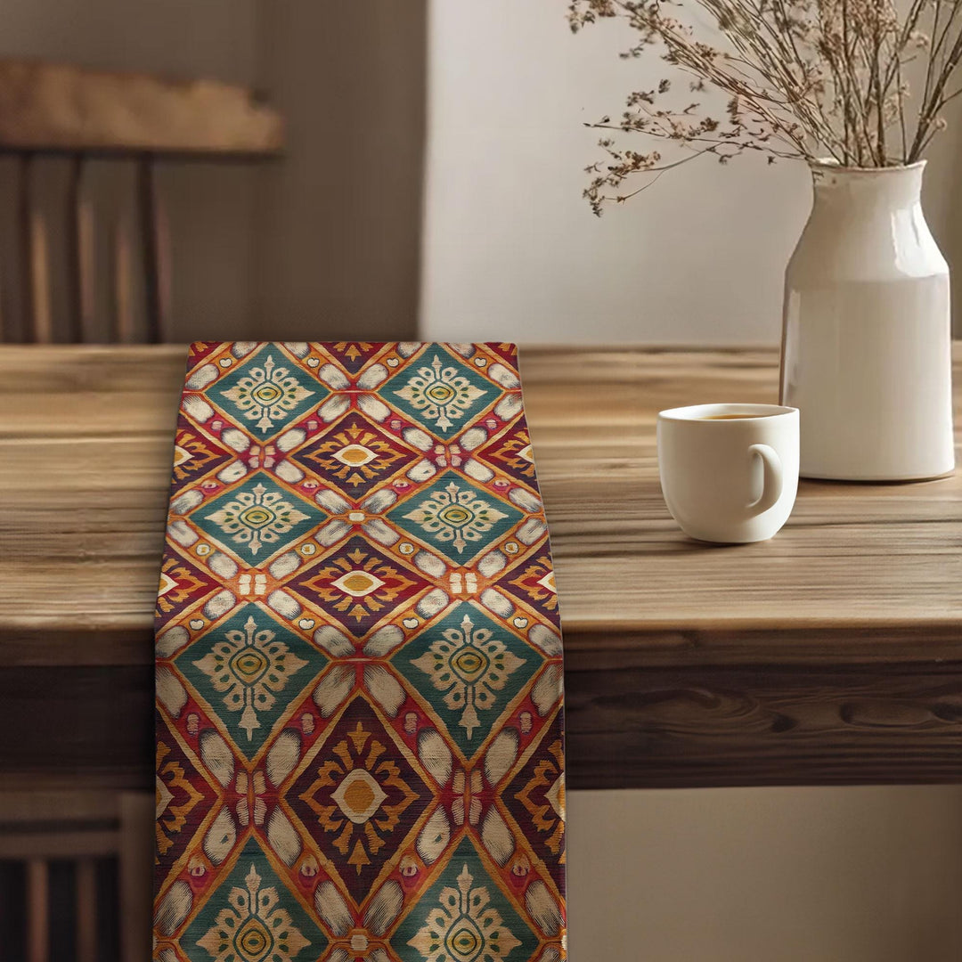 Cultural Table Runner|Eclectic Dining Table|Bohemian Tablecloth|Tribal Look Runner|Rustic Tribal Decor|Bold Ikat Design|Southwestern Runner