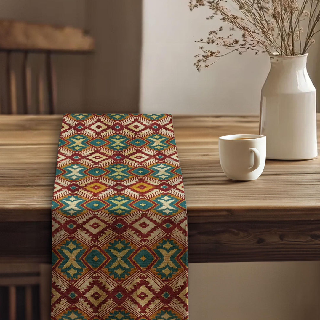 Cultural Table Runner|Eclectic Dining Table|Bohemian Tablecloth|Tribal Look Runner|Rustic Tribal Decor|Bold Ikat Design|Southwestern Runner