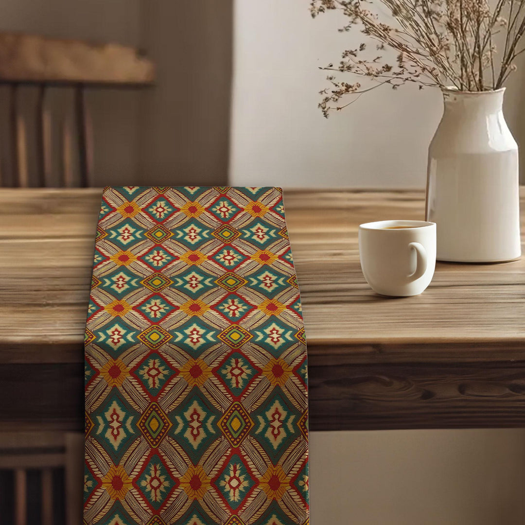 Cultural Table Runner|Eclectic Dining Table|Bohemian Tablecloth|Tribal Look Runner|Rustic Tribal Decor|Bold Ikat Design|Southwestern Runner