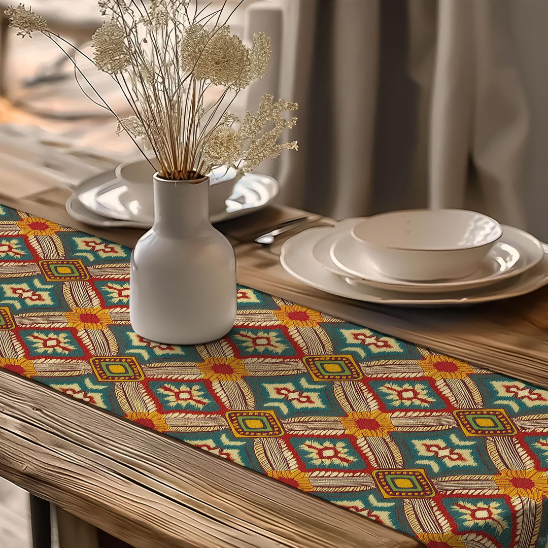 Cultural Table Runner|Eclectic Dining Table|Bohemian Tablecloth|Tribal Look Runner|Rustic Tribal Decor|Bold Ikat Design|Southwestern Runner