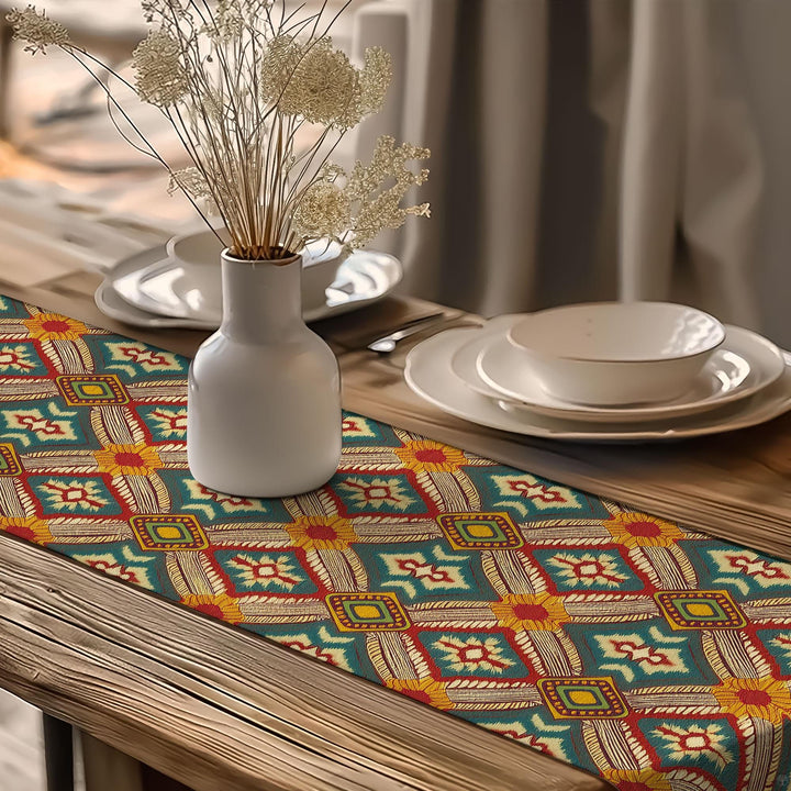 Cultural Table Runner|Eclectic Dining Table|Bohemian Tablecloth|Tribal Look Runner|Rustic Tribal Decor|Bold Ikat Design|Southwestern Runner