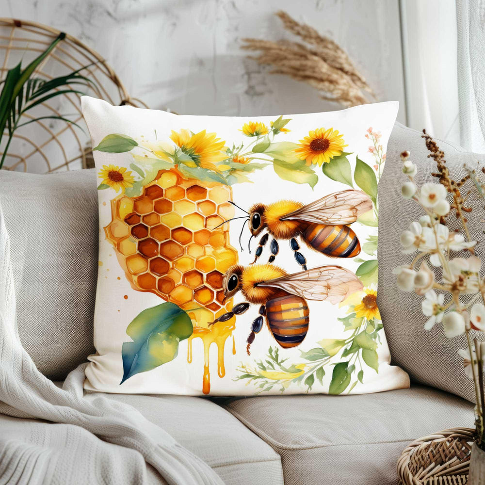 Floral Bee Print Throw Pillowcase|Honeycomb Cushion Cover|Housewarming Pillow Cover|Farmhouse Home Decor|Sunflower Pillowtop