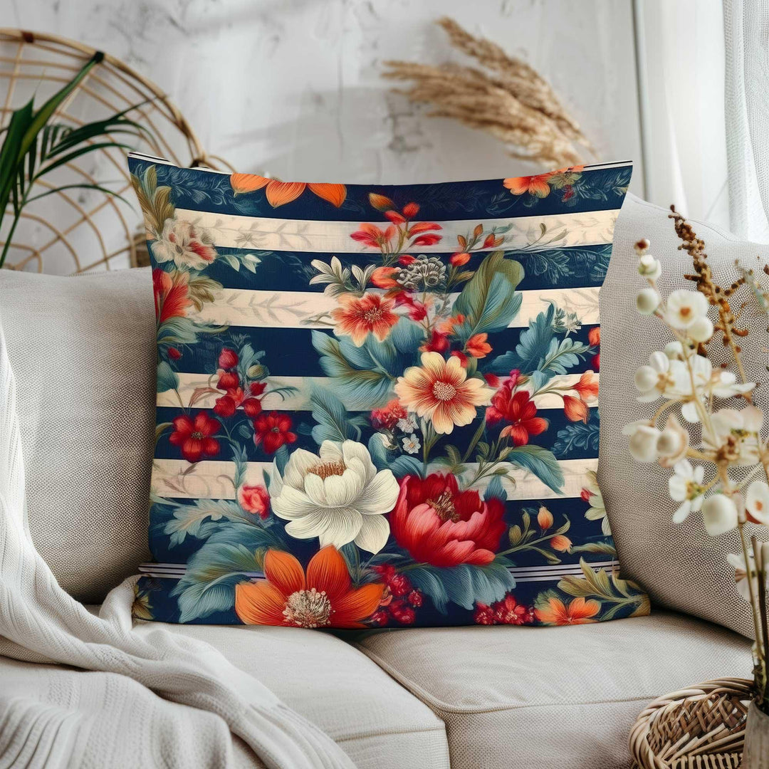 Cozy Striped Floral Cushion Cover|Housewarming Home Decor|Farmhouse Throw Pillowcase|Summer Trend Pillow Cover|Floral Pillowtop