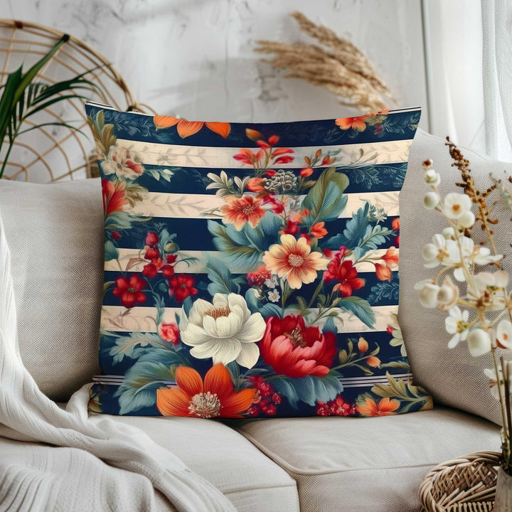 Cozy Striped Floral Cushion Cover|Housewarming Home Decor|Farmhouse Throw Pillowcase|Summer Trend Pillow Cover|Floral Pillowtop