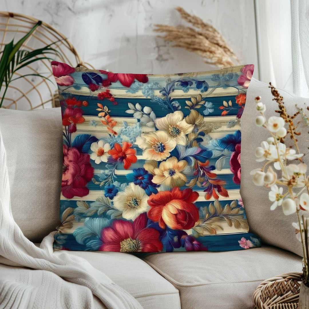 Cozy Striped Floral Cushion Cover|Housewarming Home Decor|Farmhouse Throw Pillowcase|Summer Trend Pillow Cover|Floral Pillowtop