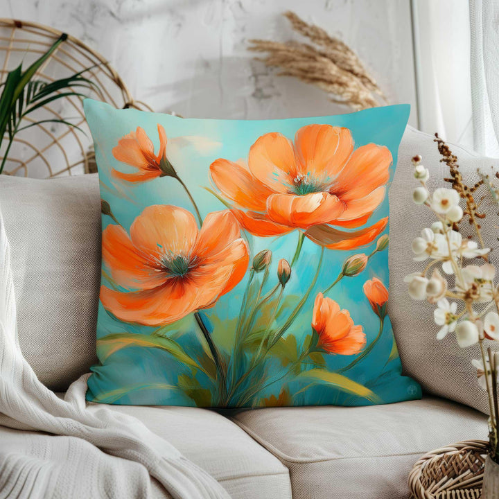 Summer Trend Pillow Cover|Vibrant Flower Pillowtop|Orange Floral Throw Pillowcase|Farmhouse Poppy Home Decor|Housewarming Cushion Cover