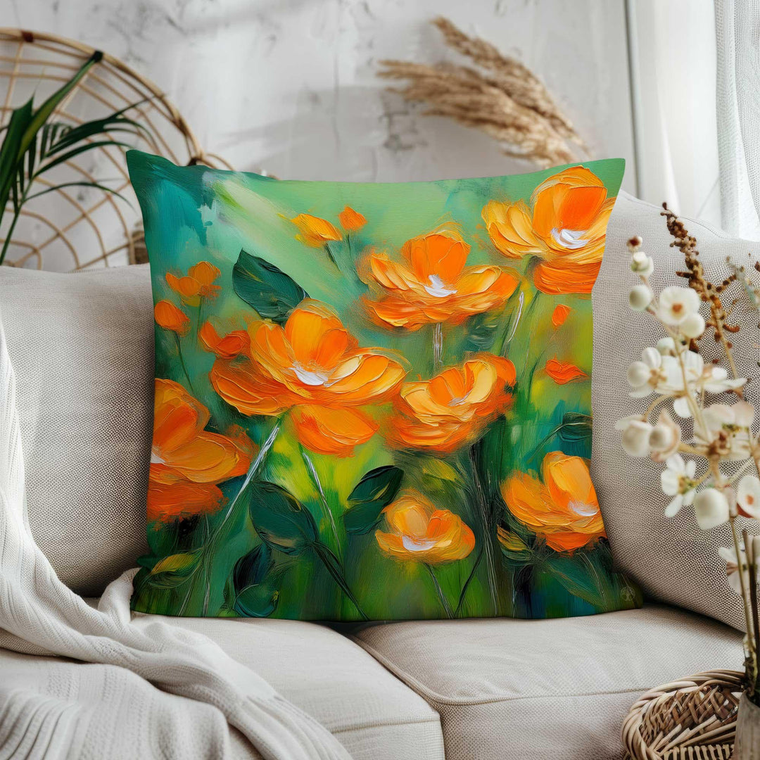 Summer Trend Pillow Cover|Vibrant Flower Pillowtop|Orange Floral Throw Pillowcase|Farmhouse Poppy Home Decor|Housewarming Cushion Cover